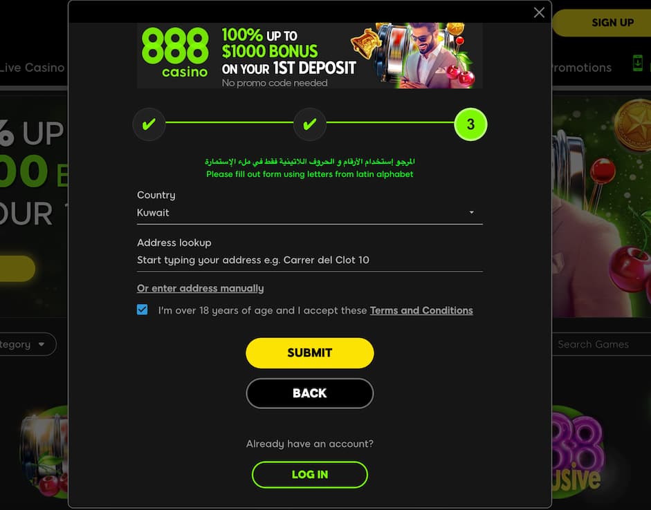 888 casino registration step 3